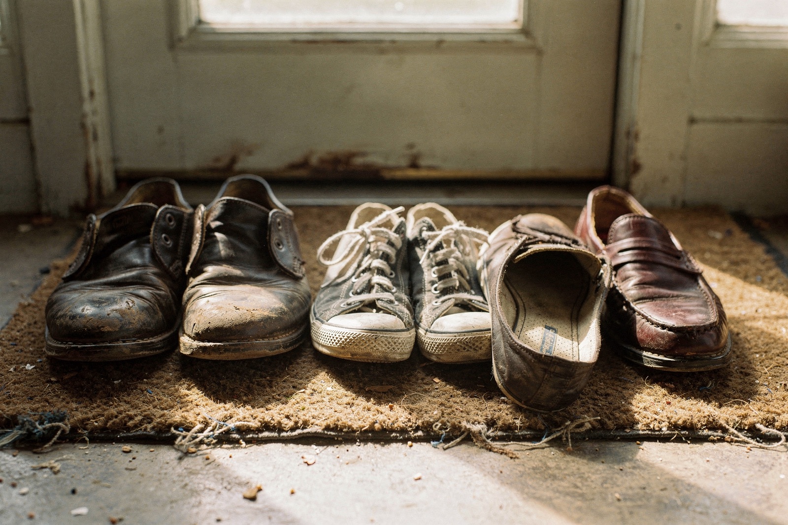 Three pairs of worn everyday shoes lined up on a doormat by a back door in late afternoon light, one pair tipped on its side to air out.