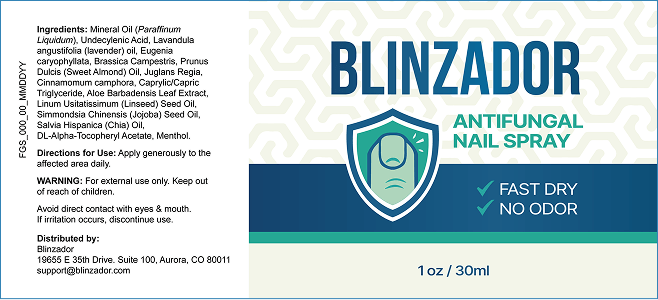 Photograph of the Blinzador product label showing the full ingredient declaration and the printed warnings.
